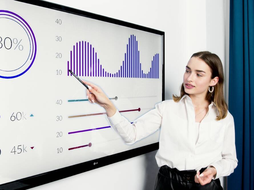 Revenue manager presenting customer engagement data charts — representing data-driven hotel CRM and guest relationship strategies.